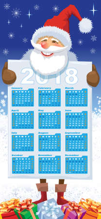 Santa Claus with New Calendar 2018 and gifts over Christmas winter decoration.のイラスト素材