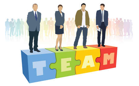 Successful business team is standing on pieces of jigsaw puzzle in front of large crowd of...