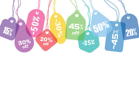 Colorful blank price tags or address labels with various string tying on white backgroundのイラスト素材