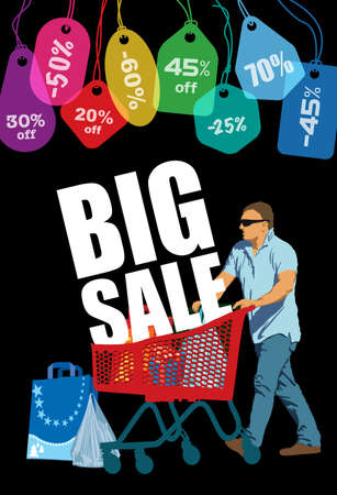 Big Sale. Creative colorful poster with man on shopping and colorful price tags and shopping bags. Black Friday design template on black background.のイラスト素材