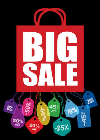 Creative colorful poster for Big Sale. Red shopping bag and colorful price tags. Black Friday design template over black background.のイラスト素材