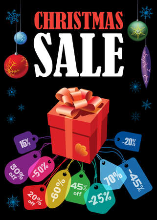 Creative colorful poster for Christmas Sale. Red gift and colorful price tags over black background.のイラスト素材