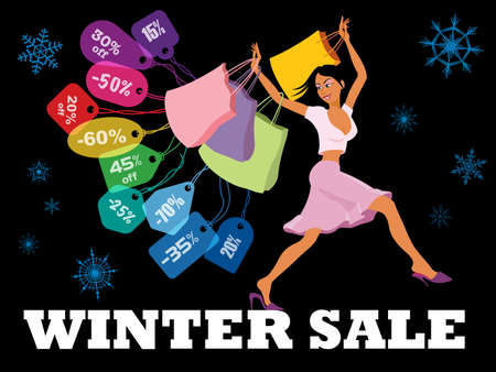 Winter seasonal sale. Creative poster. Woman on shopping with shopping bags and colorful price tags. Seasonal sale design template on black background.のイラスト素材