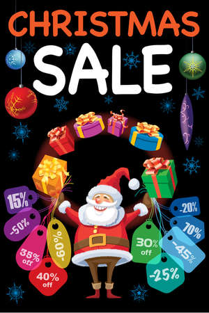 Christmas seasonal sale. Creative poster. Smiling Santa Claus is juggling Christmas gifts and colorful price tags. Seasonal sale design template on black background.のイラスト素材
