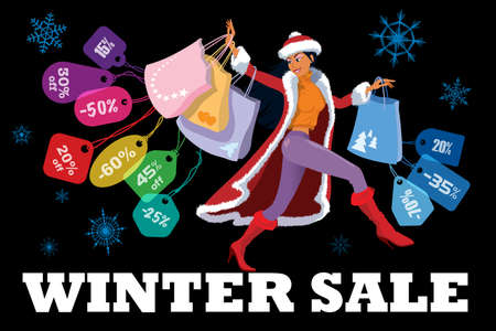 Winter seasonal sale. Woman with shopping bags and colorful price tags. Seasonal sale design template on black background.のイラスト素材