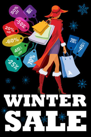 Winter seasonal sale. Creative poster. Woman with shopping bags and colorful price tags. Seasonal sale design template on black background.のイラスト素材