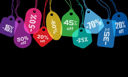 Colorful price tags or labels with various string tying on black background