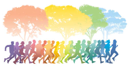 Crowd of young people running. Colorful trees in the background. のイラスト素材