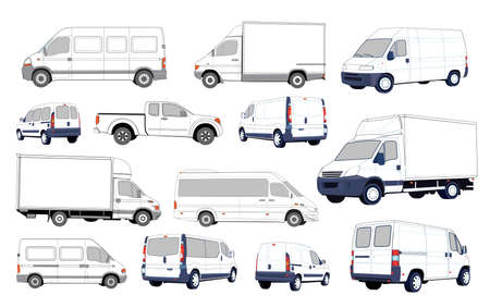 Set of black and white cars. Collection of various passenger cars and delivery trucks.のイラスト素材