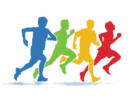 Colorful group of four young men running in the race on the white background. のイラスト素材