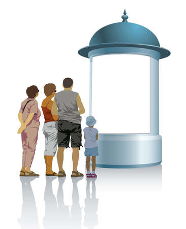 People are standing in front of an advertising column and looking at the poster.
のイラスト素材