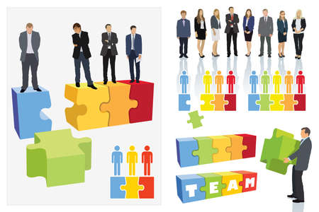 Create your own business team. Design elements. Businesspeople are standing on jigsaw puzzle shown as an organizational structure of the company.のイラスト素材