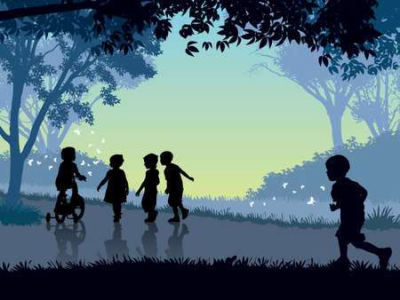 Happy children playing in park, spending time on summer nature.のイラスト素材