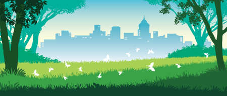 Cheerful summer day in the park. View of trees, meadows, bushes and the skyline of the city.のイラスト素材
