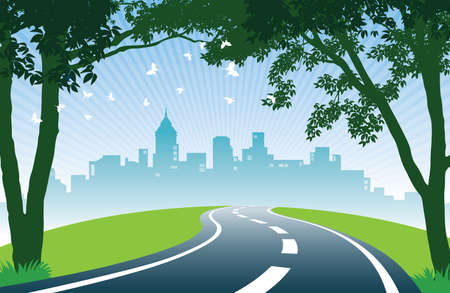 View of road, trees, meadows and the skyline of the city.
 vector illustration.のイラスト素材