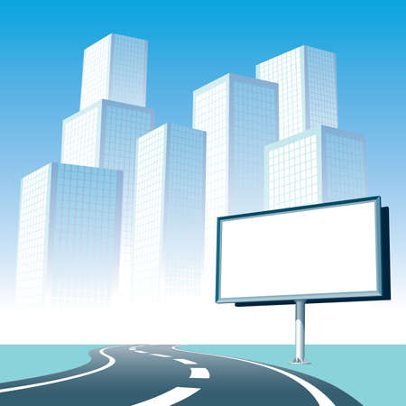 Blank billboard at the road, cityscape silhouette in the background.のイラスト素材
