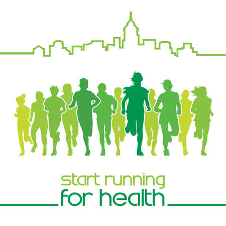 Front view of the crowd of young people running in the city marathon, with text, start running for health.のイラスト素材