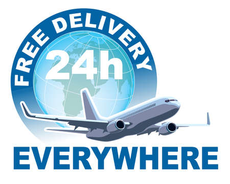 Free delivery sign. White commercial airplane in front of large world globe. Vector illustration.のイラスト素材