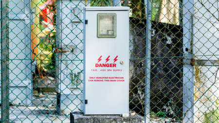 Electrical box with imprinted warning signの写真素材