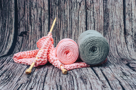 thread from cotton for knitting, thick thread in the backgroundの写真素材