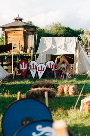 photo of the old shield on the castle backgroundの写真素材