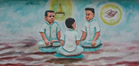 it is a picture swells on one temple wall in Thailand , tell being activity of suburb community ,...