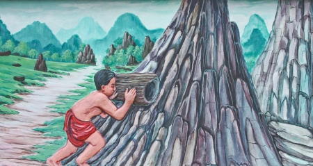 it is a picture swells on one temple wall in Thailand , tell being activity of suburb community , tell arrive at the being of the life precedingの写真素材