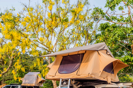 Tent camping is finished fabrics The commercially available Intended for a single location, such as a forest, ideal for moving and storage easy.の写真素材