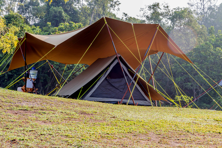 Tent camping is finished fabrics The commercially available Intended for a single location, such as a forest, ideal for moving and storage easy.の写真素材