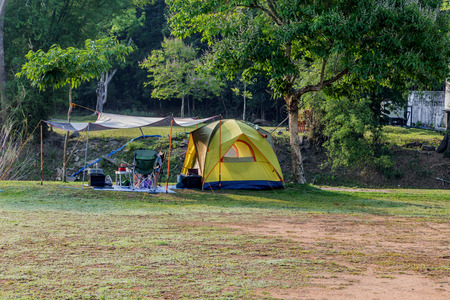 Tent camping is finished fabrics The commercially available Intended for a single location, such as a forest, ideal for moving and storage easy.の写真素材
