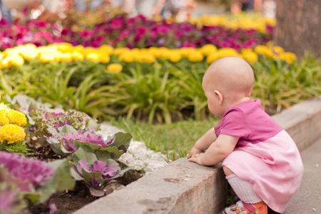 Sitting girl looking to flowerの写真素材