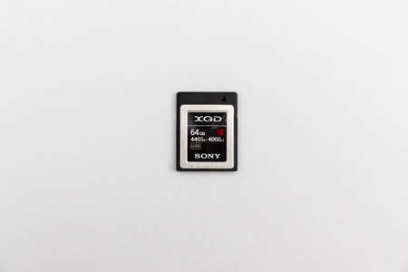Kuala Lumpur, Malaysia - January 22, 2020: A close up image of a Sony 64 GB XQD Memory Card with a...