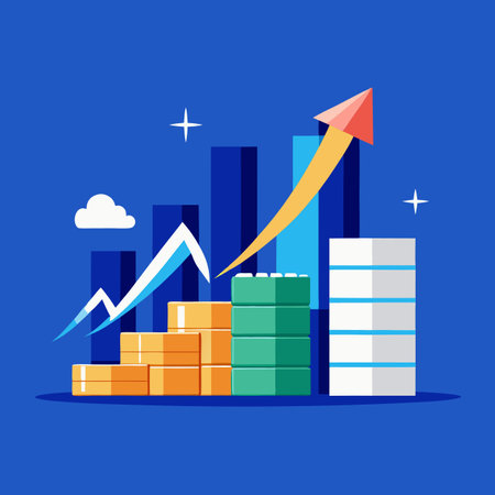 Wooden blocks with an upward arrow and growth chart, a gears icon on a white background. A businessman climbing a ladder to success. Ai generatedのイラスト素材