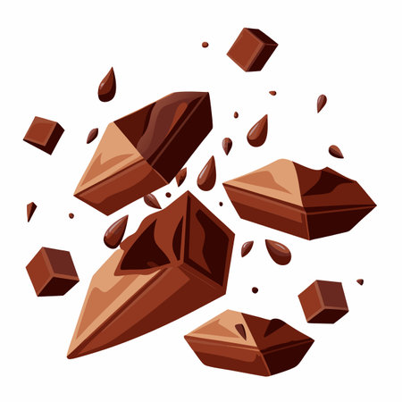 High-resolution image of chocolate pieces suspended in mid-air, with shards of chocolate flying apart against a plain background, capturing the rich, dark texture and detailed edgeのイラスト素材