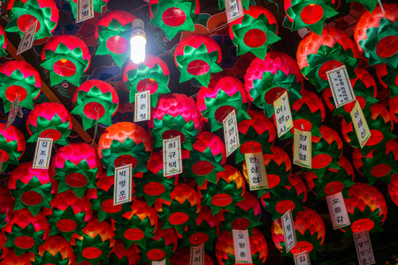 GYEONGSANG, SOUTH KOREA - MAY 13, 2018 : Paper lamps with blessing notes hang on the ceiling of main hall of Gujoel Pokpoam hermitage in Oegok city, Gyeongsang Province, South Korea.のeditorial素材