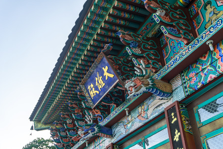 OEGOK, SOUTH KOREA - MAY 13, 2018 : Doorplate and decorations outside of the main hall of Gujoel Pokpoam hermitage  in Oegok city, Gyeongsang Province, South Korea.のeditorial素材