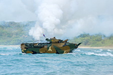CHONBURI, THAILAND - FEBRUARY 17, 2018: Assault amphibious vehicle of South Korea sails along the sea during Cobra Gold 2018 Multinational Military Exercise on February 17, 2018 in Chonburi, Thailand.のeditorial素材