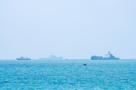 CHONBURI, THAILAND - FEBRUARY 17, 2018: Assault amphibious vehicles of South Korea sail along the sea during Cobra Gold 2018 Multinational Military Exercise on February 17, 2018 in Chonburi, Thailand.のeditorial素材