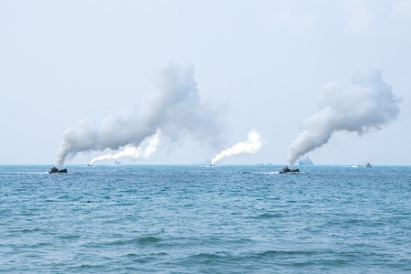 CHONBURI, THAILAND - FEBRUARY 17, 2018: Assault amphibious vehicles of South Korea sail along the sea during Cobra Gold 2018 Multinational Military Exercise on February 17, 2018 in Chonburi, Thailand.のeditorial素材