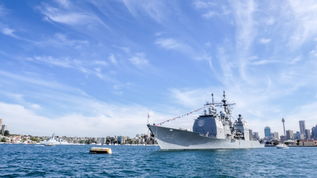 SYDNEY, AUSTRALIA - OCTOBER 4,2013 : USS Chosin (CG 65) United States cruiser arrives Sydney harbor for participating in International Fleet Review Sydney 2013 on October 4, 2013 in Sydney Australia.のeditorial素材