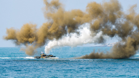 CHONBURI, THAILAND - FEBRUARY 17, 2018: Assault amphibious vehicles of South Korea sail along the sea during Cobra Gold 2018 Multinational Military Exercise on February 17, 2018 in Chonburi, Thailand.のeditorial素材