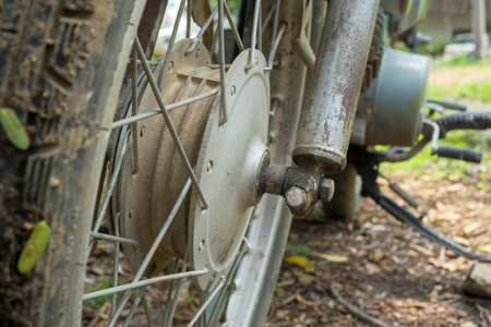 Front wheel hub with spoke of vintage Japanese motorcycleの写真素材