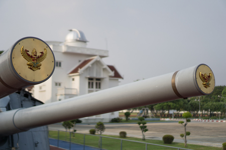 SAMUT PRAKAN, THAILAND - MARCH 24, 2018 : Close up of 8 inches gun barrel's cover of 80 years old HTMS Thonburi at Royal Thai naval academy historic park on March 24, 2018 in Samut Prakan, Thailand.のeditorial素材