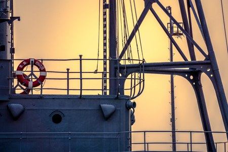 SAMUT PRAKAN, THAILAND - MARCH 24, 2018 : Weather deck and main communication mast of 80 years old HTMS Thonburi at Royal Thai naval academy historic park.のeditorial素材