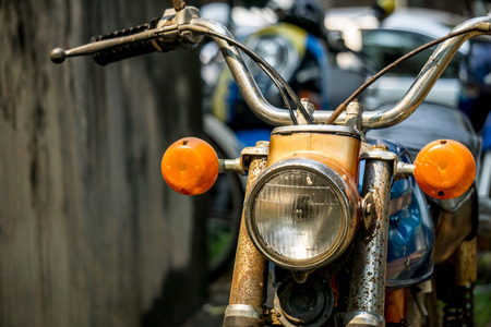 CHONBURI, THAILAND - MARCH 13, 2018 : Front side of Circa mid 1960 colourful classic and vintage Honda motorcycle from Japan on March 13, 2018 in Chonburi province, Thailand.のeditorial素材