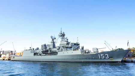 SYDNEY, AUSTRALIA-OCTOBER 4, 2013 : HMAS Stuart (FFH 153) Royal Australia Frigate dock at Port Jackson for participating in International Fleet Review Sydney 2013 on Oct. 4, 2013 in Sydney Australia.のeditorial素材