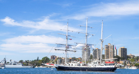 SYDNEY, AUSTRALIA - OCTOBER 5,2013: Lord Nelson a unique tall ship operated by the Jubilee Sailing Trust sail in Sydney harbor for celebrated International Fleet Review Sydney 2013 on Oct. 5, 2013.のeditorial素材