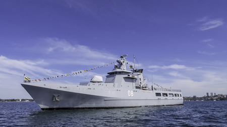 SYDNEY, AUSTRALIA-OCTOBER 4,2013 : KDB Darulama (OPV 08) Royal Brunei Navy Offshore Patrol Vessel anchor in Sydney harbour in International Fleet Review Sydney 2013 on Oct. 4,2013 in Sydney Australia.のeditorial素材