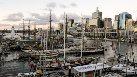 SYDNEY, AUSTRALIA - OCTOBER 8, 2013 : Historic Australian ships moor at the harbour in front of the Australian National Maritime Museum on October 8,2013 in Darling Harbour, Sydney, Australia.のeditorial素材