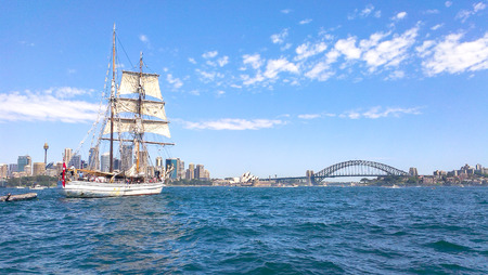 SYDNEY, AUSTRALIA - OCTOBER 6,2013: Old white tall ship sails in Sydney harbor for celebrated International Fleet Review Sydney 2013 on Oct. 4, 2013.のeditorial素材